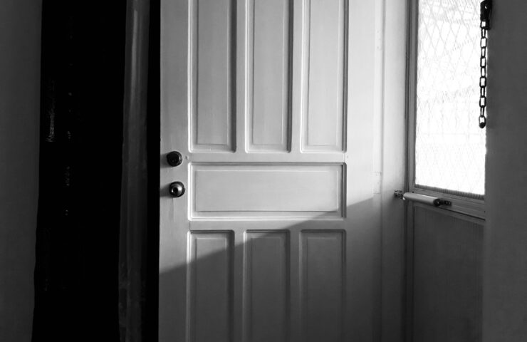 Monochrome image of a door with a window, classic design, contrasting colours, vintage feel.